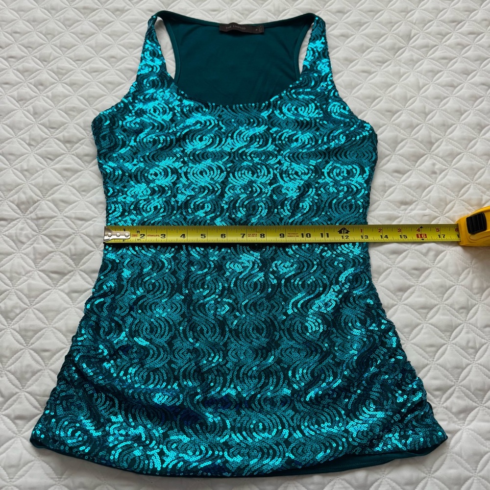 The Limited Teal Blue Sequin Front Racer Back Tank Top Side Ruched Size M - Picture 8 of 13